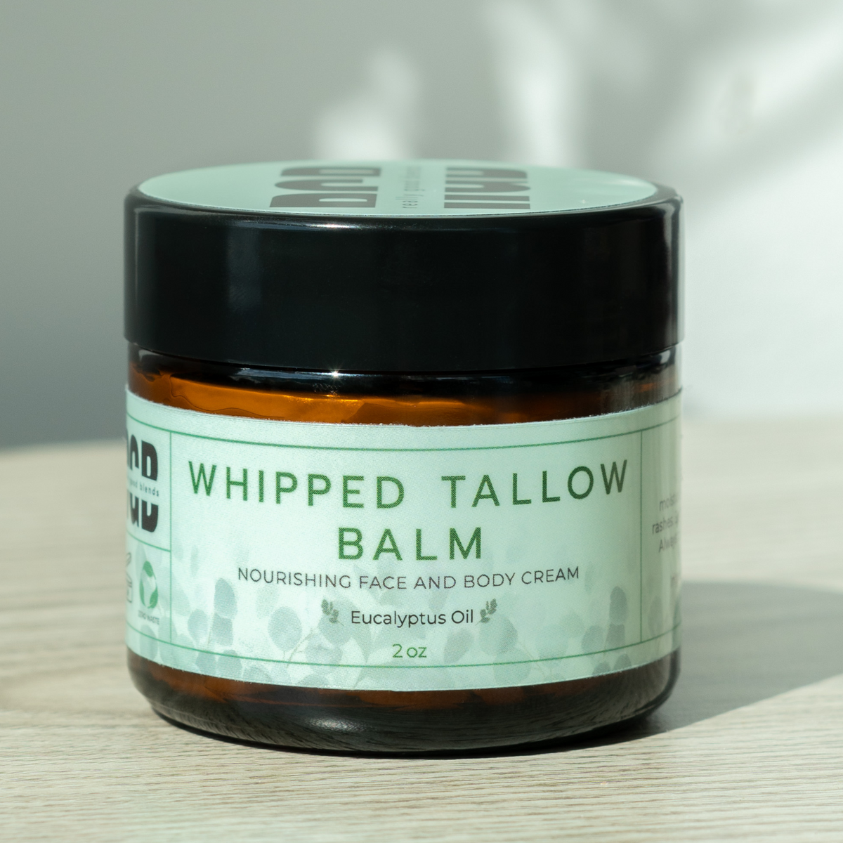 Whipped tallow balm with eucalyptus oil in a glass jar – nourishing tallow balm for deep hydration and refreshing skincare