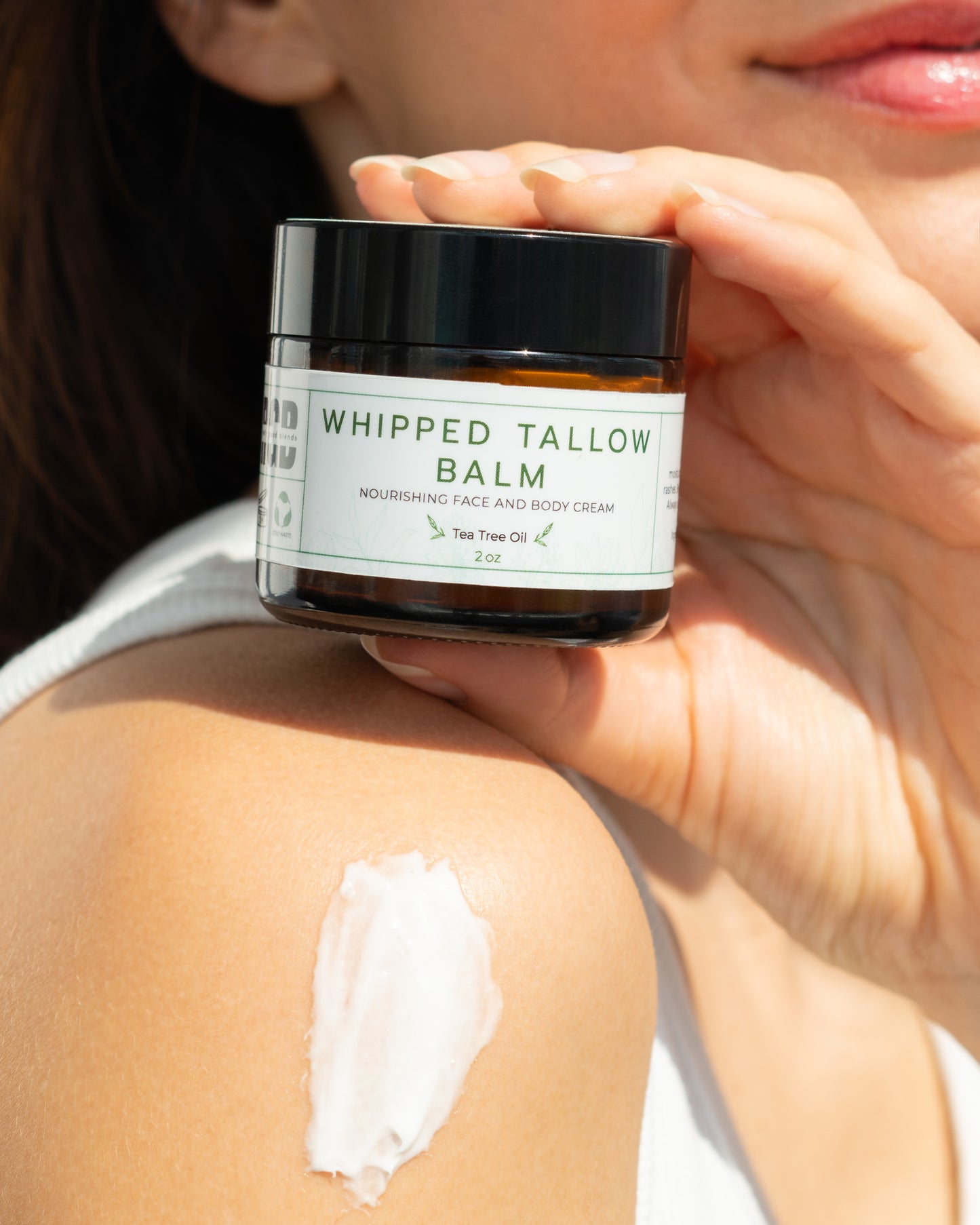 Whipped tallow balm with tea tree in a glass jar – natural tallow balm infused with tea tree oil for deep hydration and soothing skincare.