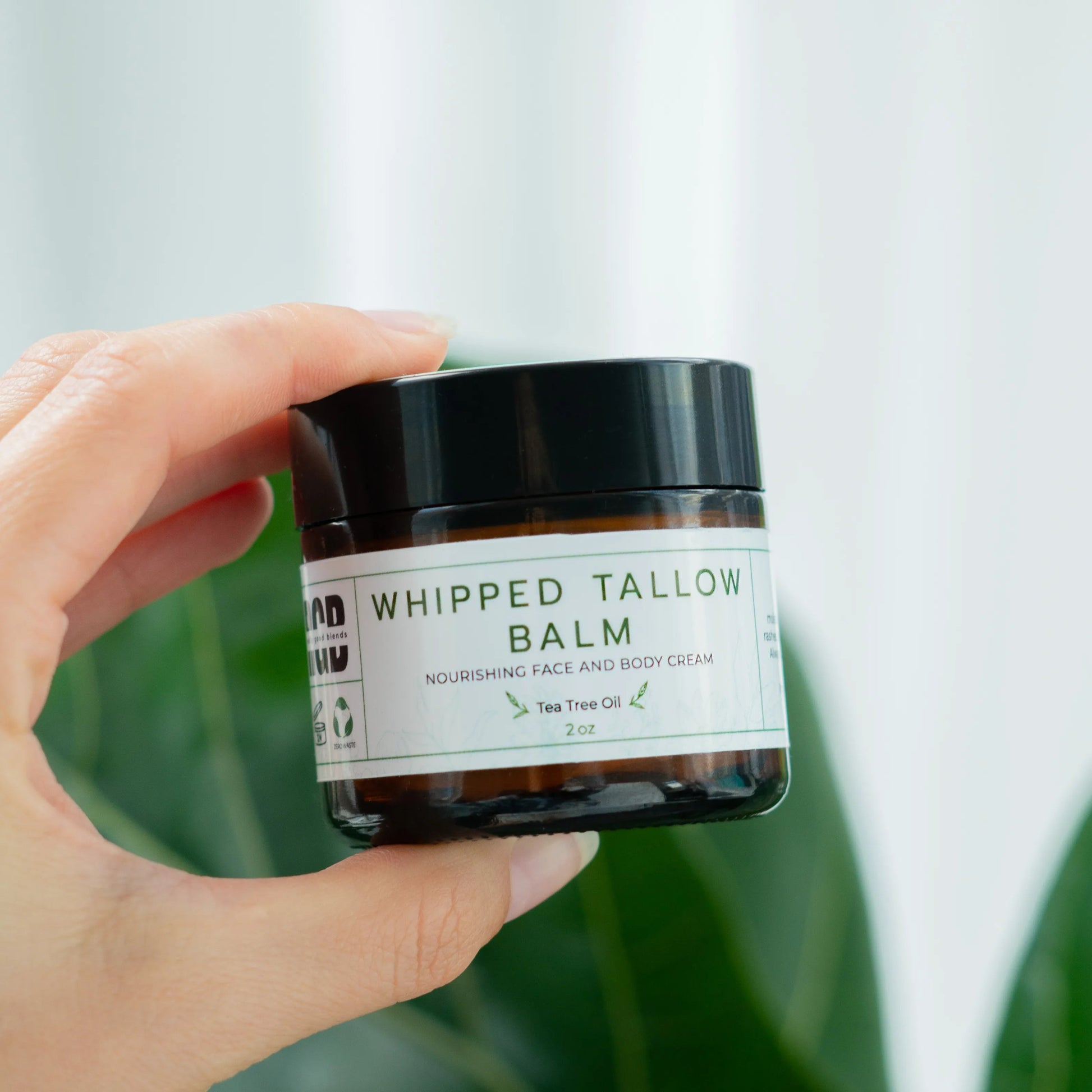 Whipped tallow balm with tea tree in a glass jar – natural tallow balm infused with tea tree oil for deep hydration and soothing skincare.